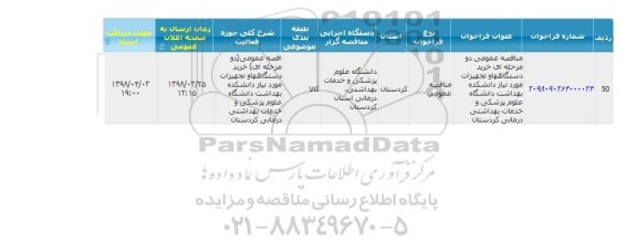 مناقصه, مناقصه خرید دستگاه ها و تجهیزات مورد نیاز دانشکده