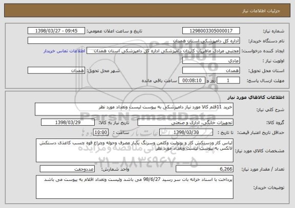 استعلام خرید 11قلم کالا مورد نیاز دامپزشکی به پیوست لیست وتعداد مورد نظر 