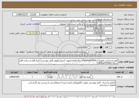 استعلام امور پشتیبانی تجهیزات ActiveوPassiveشبکه فرمانداربهی استان (طبق فلیل پیوستی) (نرم افزار و سخت افزار شبکه Wirelessوcable)