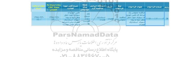 مناقصه تامین خودروی سواری جهت حمل و نقل درون و برون شهری