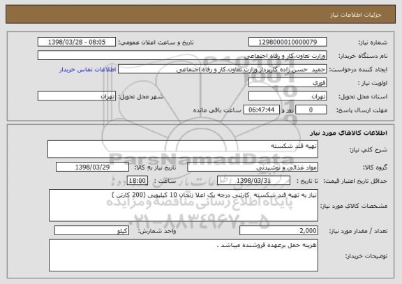 استعلام تهیه قند شکسته 