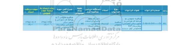 مناقصه عمومی دو مرحله ای طراحی و تجهیز سالن