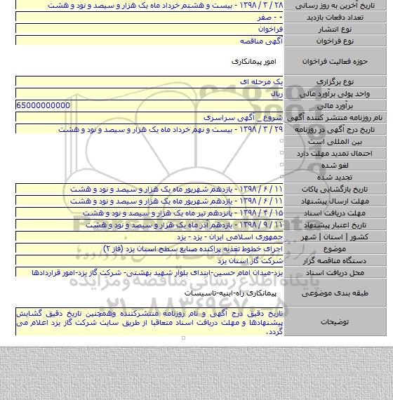 اجرای خطوط تغذیه پراکنده صنایع سطح استان یزد (فاز ۲)