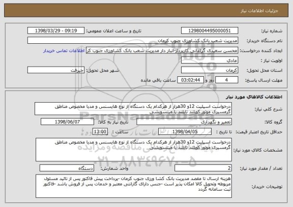 استعلام درخواست اسپلیت 12و 30هزار از هرکدام یک دستگاه از نوع هایسنس و مدیا مخصوص مناطق گرمسیری موتور کوپلند تایلند یا میتسویشی