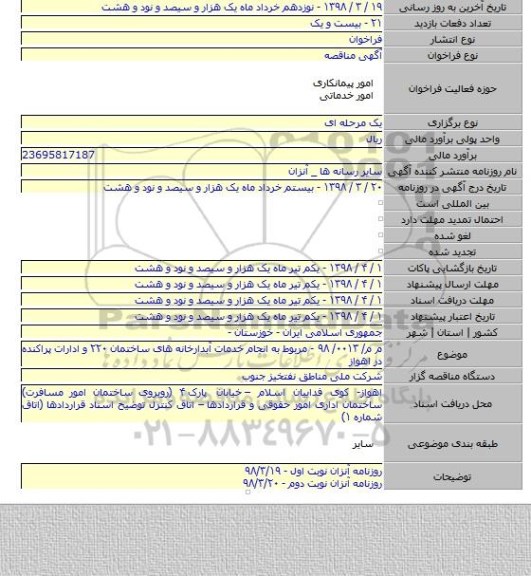 م م/ ۰۰۱۳/ ۹۸ - مربوط به انجام خدمات آبدارخانه های ساختمان ۲۲۰ و ادارات پراکنده در اهواز