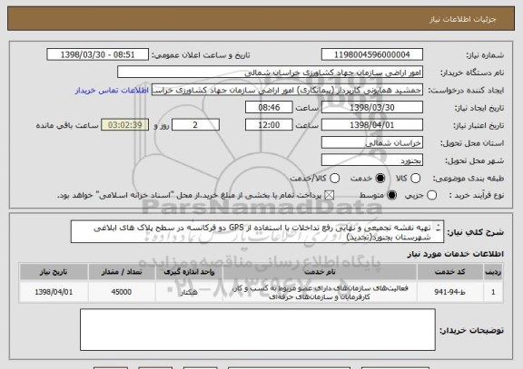 استعلام تهیه نقشه تجمیعی و نهایی رفع تداخلات با استفاده از GPS دو فرکانسه در سطح پلاک های ابلاغی شهرستان بجنورد(تجدید)
