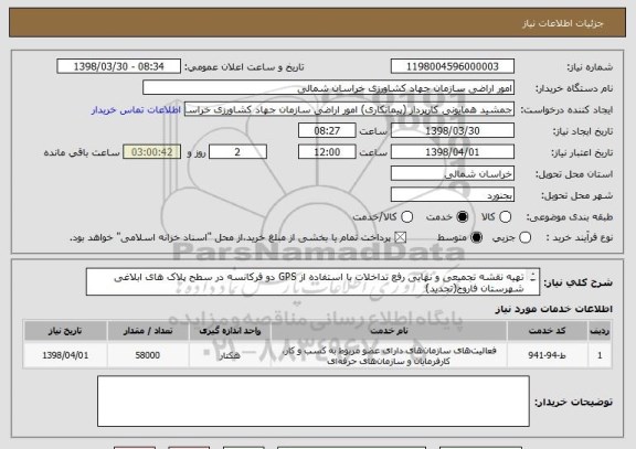 استعلام تهیه نقشه تجمیعی و نهایی رفع تداخلات با استفاده از GPS دو فرکانسه در سطح پلاک های ابلاغی شهرستان فاروج(تجدید)

