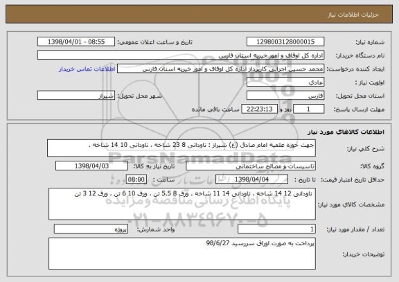 استعلام جهت حوزه علمیه امام صادق (ع) شیراز : ناودانی 8 23 شاخه ، ناودانی 10 14 شاخه ،