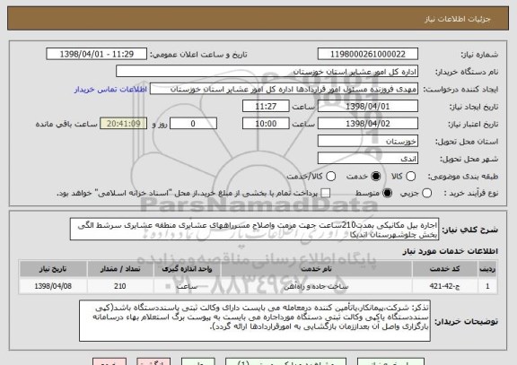 استعلام اجاره بیل مکانیکی بمدت210ساعت جهت مرمت واصلاح مسرراههای عشایری منطقه عشایری سرشط الگی بخش چلوشهرستان اندیکا