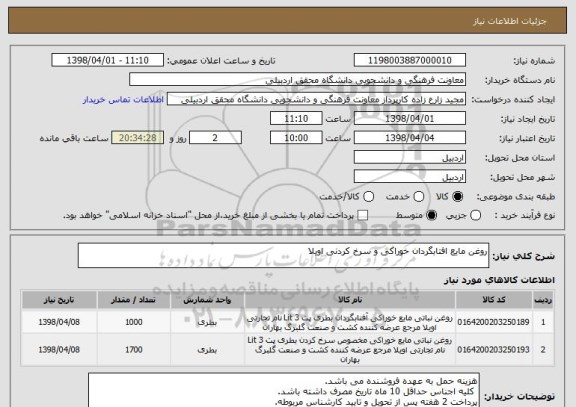 استعلام روغن مایع افتابگردان خوراکی و سرخ کردنی اویلا