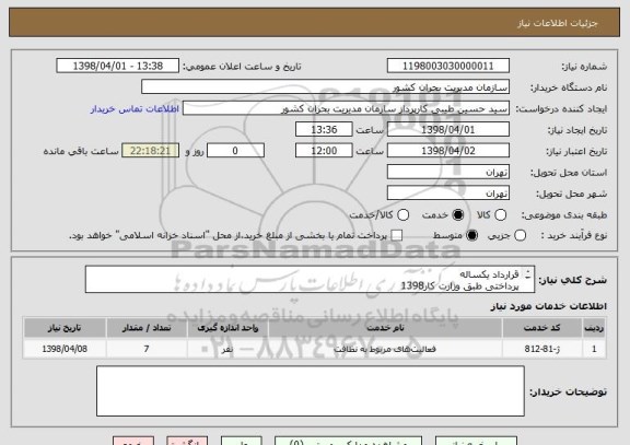 استعلام قرارداد یکساله
پرداختی طبق وزارت کار1398
اضافه کار در صورت پرداخت جداگانه محاسبه می شود
قیمت به صورت ماهیانه برای هر نفر داده شود.