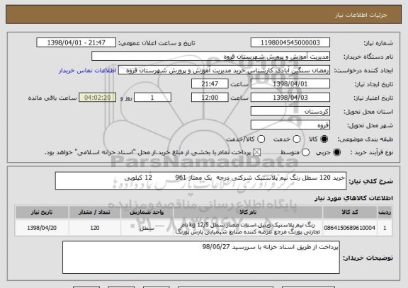 استعلام خرید 120 سطل رنگ نیم پلاستیک شرکتی درجه  یک ممتاز 961           12 کیلویی 