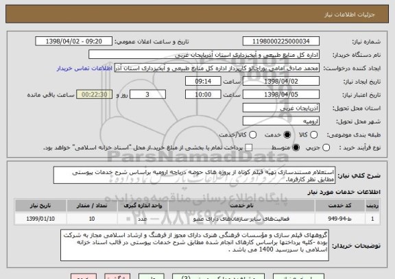 استعلام استعلام مستندسازی تهیه فیلم کوتاه از پروژه های حوضه دریاچه ارومیه براساس شرح خدمات پیوستی مطابق نظر کارفرما.