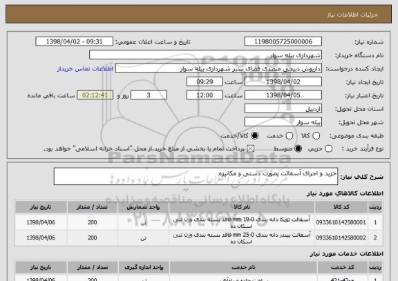 استعلام خرید و اجرای آسفالت بصورت دستی و مکانیزه