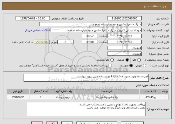 استعلام اجرای نما ودرب مدرسه شماره 4 بهارستان طبق برآورد پیوست