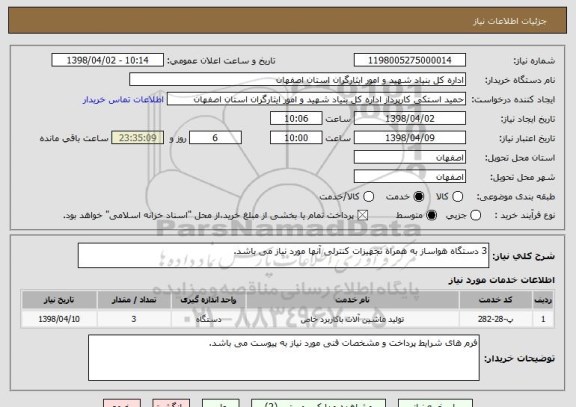 استعلام 3 دستگاه هواساز به همراه تجهیزات کنترلی آنها مورد نیاز می باشد.