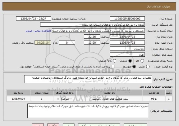 استعلام تعمیرات ساختمانی درمراکز کانون پرورش فکری استان خوزستان طبق دوبرگ استعلام و توضیحات ضمیمه