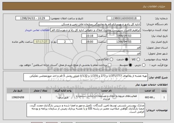 استعلام تهیه نقشه از پلاکهای 1/371/777 و 273 و 1/370 و 1/132 اصلی بخش 5 قم و اخذ صورتمجلس تفکیکی