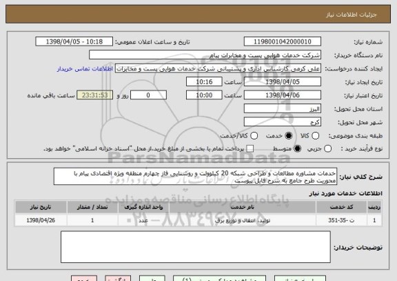 استعلام خدمات مشاوره مطالعات و طراحی شبکه 20 کیلوولت و روشنایی فاز چهارم منطقه ویژه اقتصادی پیام با محوریت طرح جامع به شرح فایل پیوست