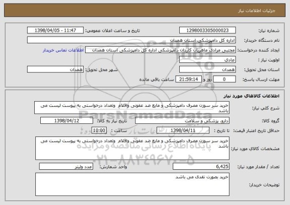 استعلام خرید سر سوزن مصرف دامپزشکی و مایع ضد عفونی واقلام  وتعداد درخواستی به پیوست لیست می باشد 