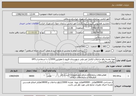 استعلام تهیه نقشه رفع تداخلات اراضی غیر ملی شهرستان فاروج با مقیاس 1/2000 با استفاده از GPS دوفرکانسه(تجدید)