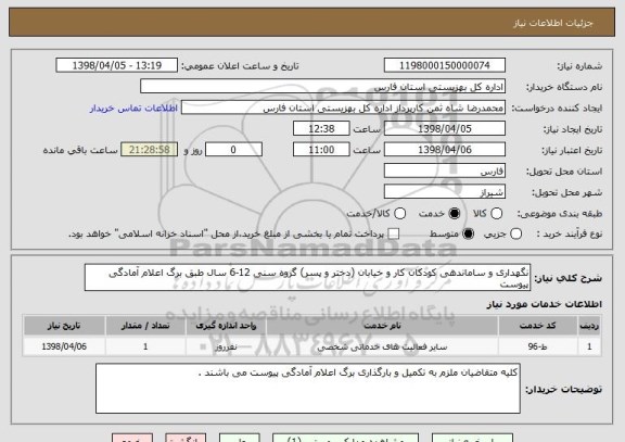 استعلام نگهداری و ساماندهی کودکان کار و خیابان (دختر و پسر) گروه سنی 12-6 سال طبق برگ اعلام آمادگی پیوست