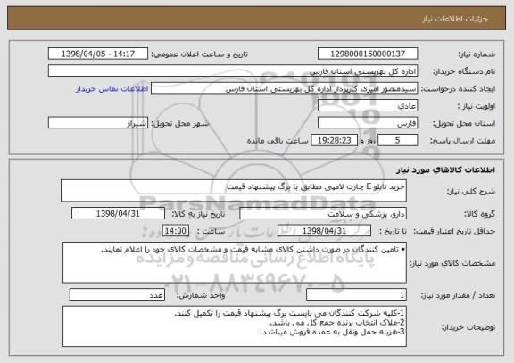 استعلام خرید تابلو E چارت لامپی مطابق با برگ پیشنهاد قیمت