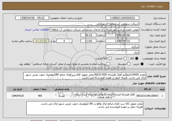 استعلام مقدار 10000کیلوگرم آهک هیدراته RSCO-500 محل تحویل کالا سدکمال صالح 80کیلومتری جنوب غربی شهر اراک می باشد. هزینه حمل بر عهده فروشنده می باشد.