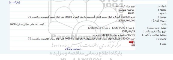 مناقصه, مناقصه خرید 150000 کبلوگرم انواع سیم هادی آلومینیوم