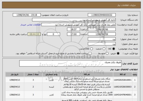 استعلام ظروف یکبار مصرف