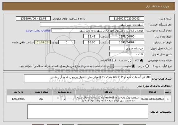 استعلام 200 تن آسفالت گرم توپکا به دانه بندی 19-0 میلی متر - تحویل در محل شهر آرین شهر