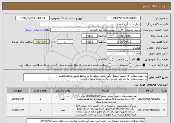 استعلام بین بیمارستانی از جنس استیل نگیر جهت استفاده در محیط کاملا مرطوب5عدد
بین بیمارستانی با چارچوب استیل نگیر ودیواره برزنتی 5عدد