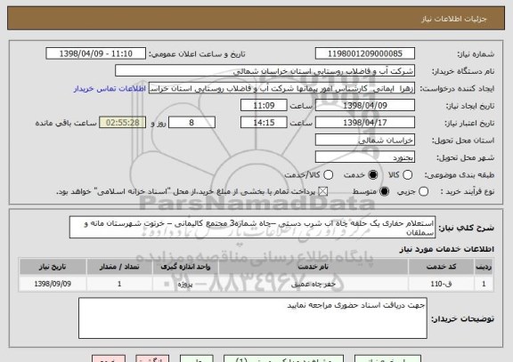 استعلام استعلام حفاری یک حلقه چاه اب شرب دستی –چاه شماره3 مجتمع کالیمانی – خرتوت شهرستان مانه و سملقان 