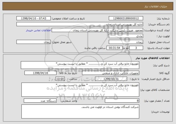 استعلام تلویزیون جارو برقی آب سرد کن و.............. * مطابق با لیست پیوستی*