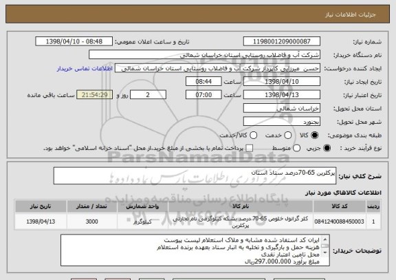 استعلام پرکلرین 65-70درصد ستاد استان 