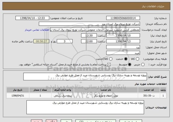 استعلام پروژه توسعه و بهینه سازی برق روستایی شهرستان میبد از محل طرح عوارض برق 