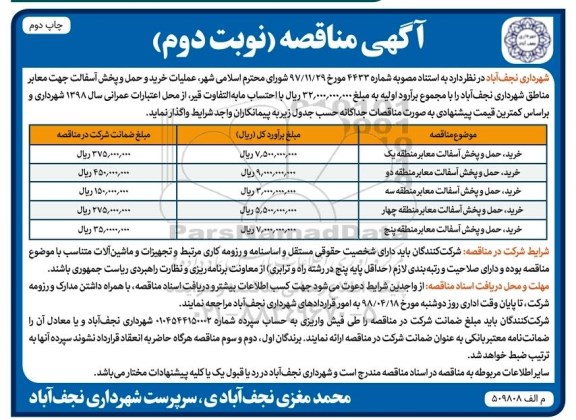 آگهی مناقصه , مناقصه خرید، حمل و پخش آسفالت معابر منطقه یک  و... نوبت دوم - چاپ دوم