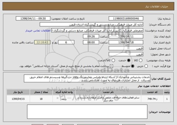 استعلام خدمات پشتیبانی ونگهداری از شبکه ارتباط وایرلس ومانیتورینگ وusp -دزدگیرها وسیستم های اعلام حریق وسرقت  از محل اعتبارات هزینهای به صورت نقدی می باشد.