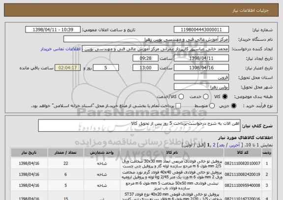 استعلام اهن الات به شرح درخواست-پرداخت 5 روز پس از تحویل کالا