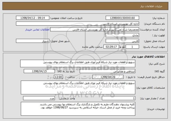 استعلام سویچ و قطعات مورد نیاز شبکه فیبر نوری طبق اطلاعات برگ استعلام بهای پیوستی