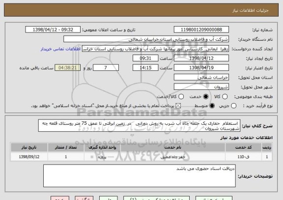 استعلام  استعلام  حفاری یک حلقه چاه آب شرب به روش دورانی   در  زمین ابرفتی تا عمق 75 متر روستای قلعه چه شهرستان شیروان 