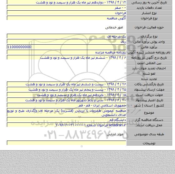 مناقصه عمومی همزمان با ارزیابی (فشرده) یک مرحله ای واگذاری طبخ و توزیع غذای دانشجویی