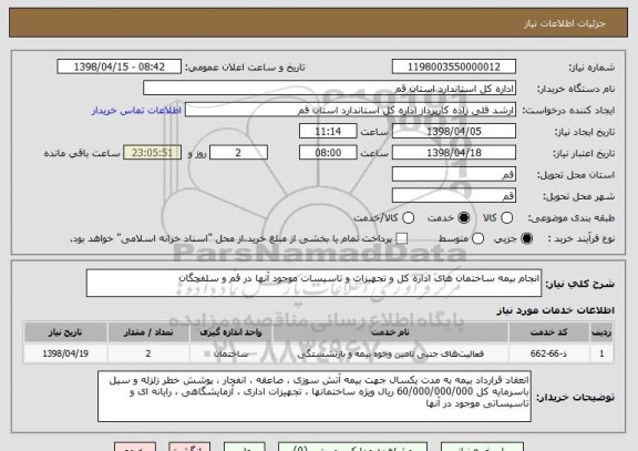 استعلام انجام بیمه ساختمان های اداره کل و تجهیزات و تاسیسات موجود آنها در قم و سلفچگان