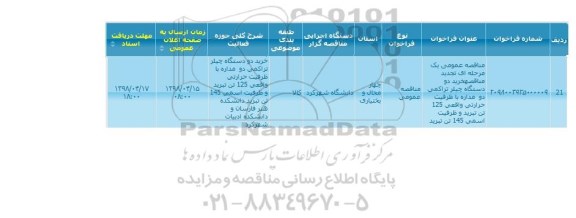 مناقصه خرید دو دستگاه چیلر تراكمی دو مداره 