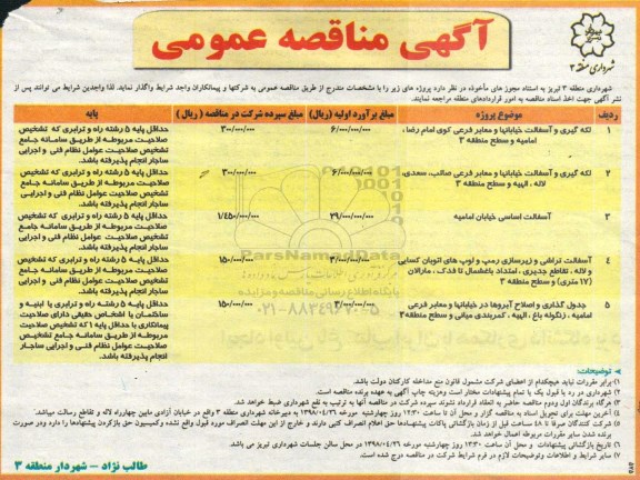 مناقصه , مناقصه لکه گیری و آسفالت خیابانها و معابر فرعی و....