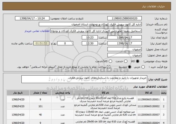 استعلام خریدار تجهیزات با تایید و مطابقت با استانداردهای کانون پرورش فکری.