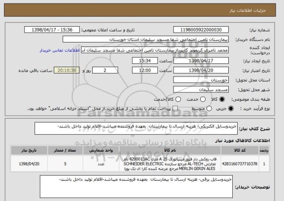 استعلام خریدوسایل الکتریکی- هزینه ارسال تا بیمارستان  بعهده فروشنده میباشد-اقلام تولید داخل باشند-