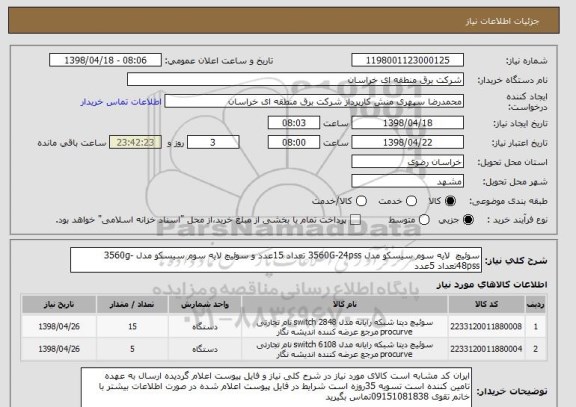 استعلام سوئیچ  لایه سوم سیسکو مدل 3560G-24pss تعداد 15عدد و سوئیچ لایه سوم سیسکو مدل 3560g-48pssتعداد 5عدد