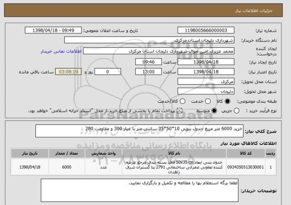 استعلام خرید 6000 متر مربع جدول بتونی 10*50*35 سانتی متر با عیار 300 و مقاومت 280 