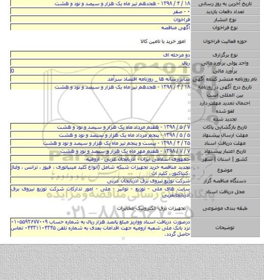 تجدید مناقصه خرید تجهیزات شبکه شامل (انواع کلید مینیاتوری ، فیوز ، ترانس ، ولتاژ ،کنتاکتور ، کلید ات